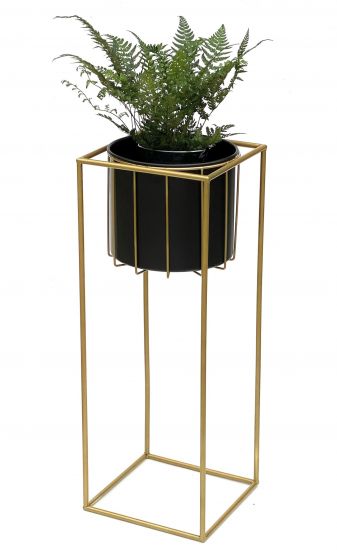 DanDiBo Blumenhocker mit Topf Metall Gold Schwarz Eckig L 70 cm Blumenständer 96035 Blumensäule Modern Pflanzenständer Pflanzenhocker