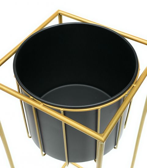 DanDiBo Blumenhocker mit Topf Metall Gold Schwarz Eckig L 70 cm Blumenständer 96035 Blumensäule Modern Pflanzenständer Pflanzenhocker