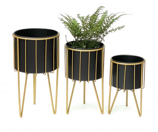 DanDiBo Blumenhocker mit Topf Metall Gold Schwarz Rund 3er Set Blumenständer 96039 Blumensäule Modern Pflanzenständer Pflanzenhocker