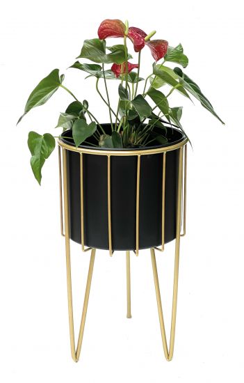 DanDiBo Blumenhocker mit Topf Metall Gold Schwarz Rund L 45 cm Blumenständer 96039 Blumensäule Modern Pflanzenständer Pflanzenhocker