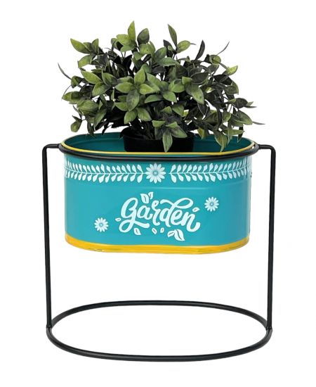 DanDiBo Blumenhocker mit Topf Metall Stehend Blau Oval 27 cm Blumenständer 96526 M Blumensäule Modern Pflanzenständer Pflanzgefäß