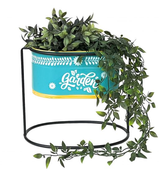 DanDiBo Flower Stool with Pot Metal Standing Blue Oval 27 cm Flower Stand 96526 M Flower Column Modern Plant Stand Planter