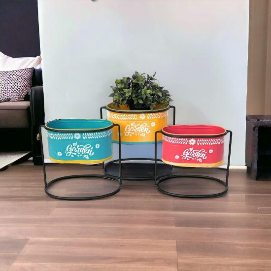 DanDiBo Flower Stool with Pot Metal Standing Multicoloured Oval 96526 Set of 3 Flower Stands Flower Column Modern Plant Stand Planter