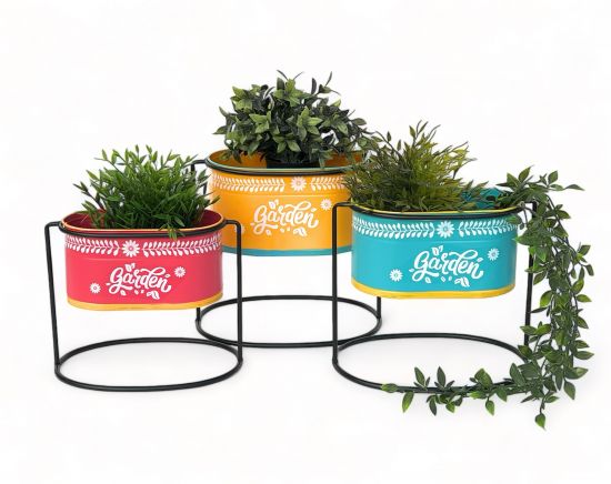 DanDiBo Flower Stool with Pot Metal Standing Multicoloured Oval 96526 Set of 3 Flower Stands Flower Column Modern Plant Stand Planter