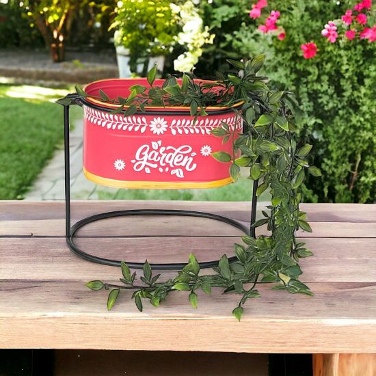 DanDiBo Flower Stool with Pot Metal Standing Red Oval 24 cm Flower Stand 96526 S Flower Column Modern Plant Stand Planter