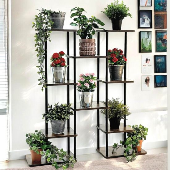 DanDiBo Flower Shelf Indoor Metal Black 6 Tiers Wood 96584 Plant Stand 100 cm Modern Flower Stand Design