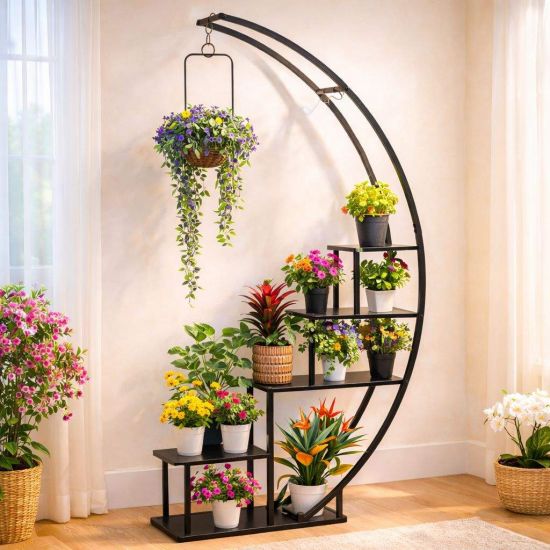 DanDiBo flower stand indoor 170 cm tall metal black semi-circular 96585 plant staircase large round plant stand modern design