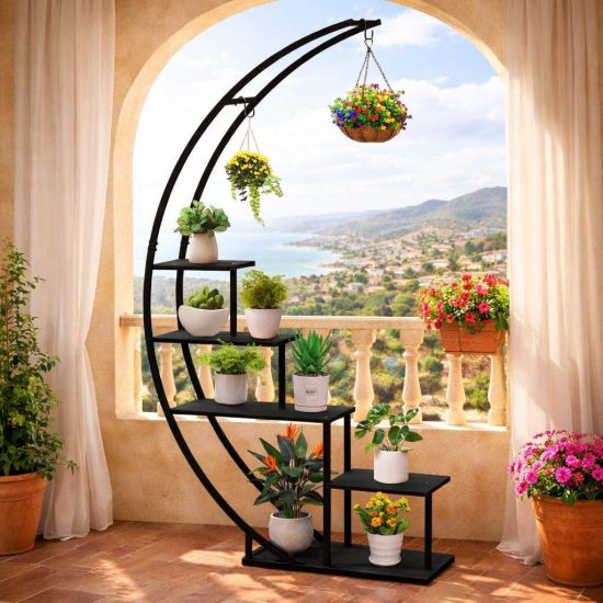 DanDiBo Blumenregal indoor 170 cm Hoch Metall Schwarz Halbrund 96585 Blumentreppe Groß Rund Pflanzenständer Modern Design