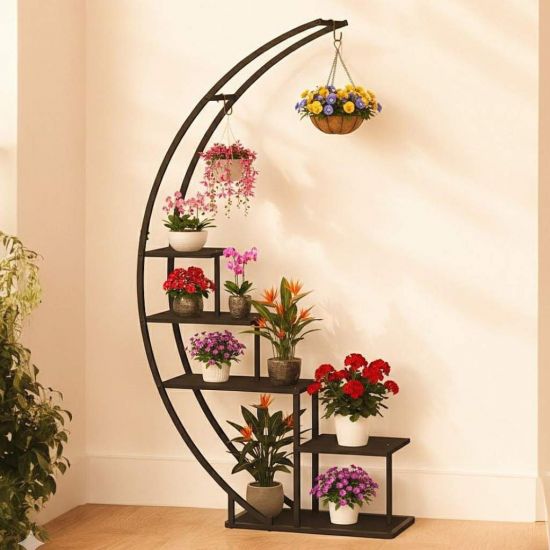 DanDiBo Blumenregal indoor 170 cm Hoch Metall Schwarz Halbrund 96585 Blumentreppe Groß Rund Pflanzenständer Modern Design