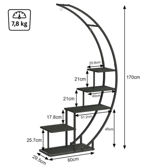 Preview: DanDiBo flower stand indoor 170 cm tall metal black semi-circular 96585 plant staircase large round plant stand modern design