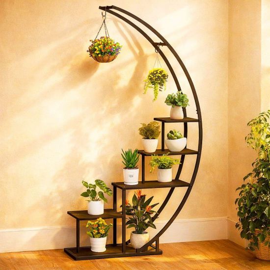 DanDiBo Blumenregal indoor 170 cm Hoch Metall Schwarz Halbrund 96585 Blumentreppe Groß Rund Pflanzenständer Modern Design