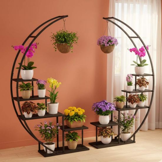 DanDiBo Blumenregal indoor 170 cm Hoch Metall Schwarz Rund 96586 Blumentreppe Groß Halbrund Pflanzenständer Modern Design