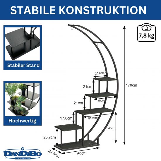 DanDiBo Blumenregal indoor 170 cm Hoch Metall Schwarz Halbrund 96585 Blumentreppe Groß Rund Pflanzenständer Modern Design