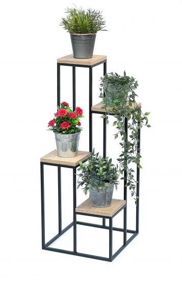 DanDiBo Blumentreppe Metall Schwarz Holz 90 cm Pflanzentreppe Blumenständer 96349 Blumensäule Modern Pflanzenständer Blumenhocker