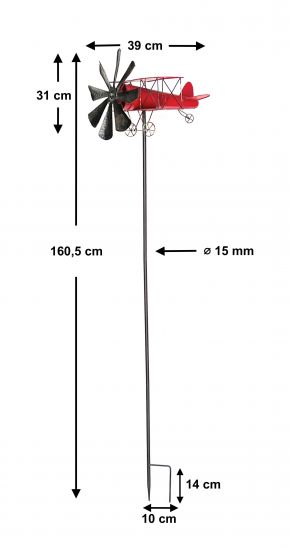 DanDiBo Gartenstecker Metall Flugzeug XL 160 cm Doppeldecker Rot 96251 Windspiel Windrad Wetterfest Gartendeko Garten Gartenstab Bodenstecker