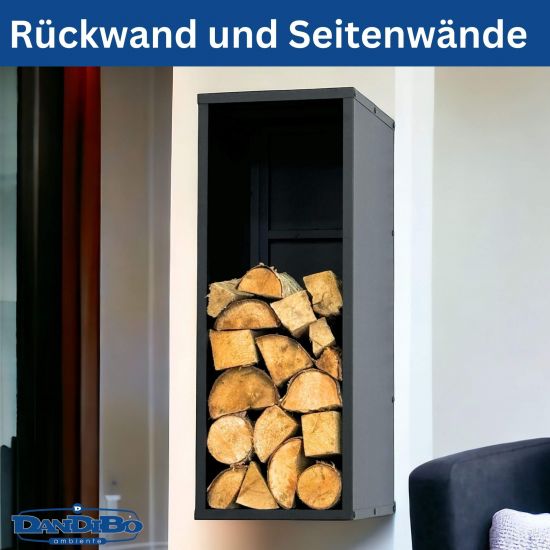 DanDiBo Kaminholzregal Wand Innen Metall Schwarz 80 cm mit Rückwand Wandmontage Hängend Kaminholzständer 96542 Holzkorb Kaminholzhalter