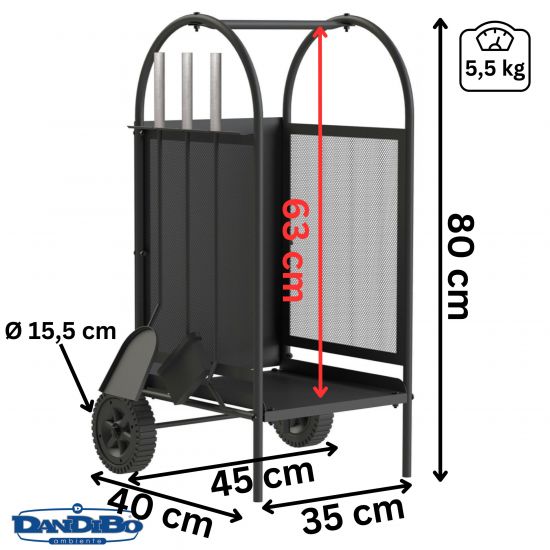 DanDiBo Firewood rack indoor metal black Fireplace wood rack 80 cm with fireplace set and wheels 96358 Fireplace wood trolley Wood basket Fireplace wood holder Wood rack