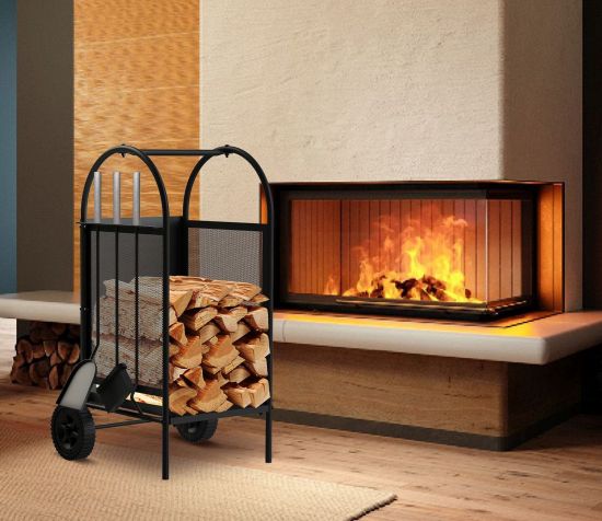 DanDiBo Firewood rack indoor metal black Fireplace wood rack 80 cm with fireplace set and wheels 96358 Fireplace wood trolley Wood basket Fireplace wood holder Wood rack