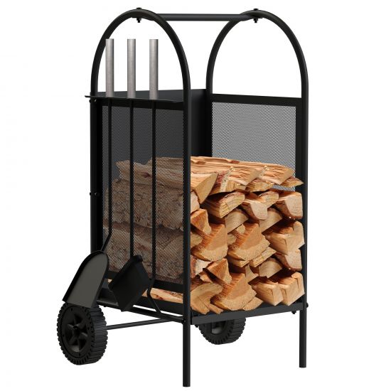 DanDiBo Firewood rack indoor metal black Fireplace wood rack 80 cm with fireplace set and wheels 96358 Fireplace wood trolley Wood basket Fireplace wood holder Wood rack