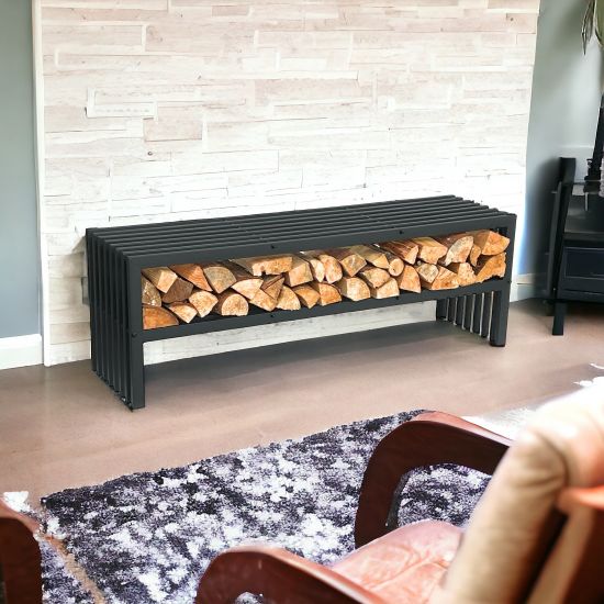 DanDiBo Kaminholzregal Innen mit Sitzbank Metall Schwarz Kaminholzständer mit Bank 96497 Brennholzregal 150 cm Kaminholzhalter