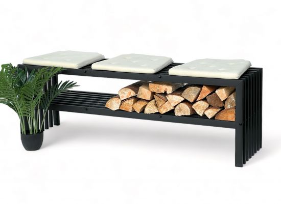 DanDiBo Kaminholzregal Innen mit Sitzbank Metall Schwarz Kaminholzständer mit Bank 96497 Brennholzregal 150 cm Kaminholzhalter