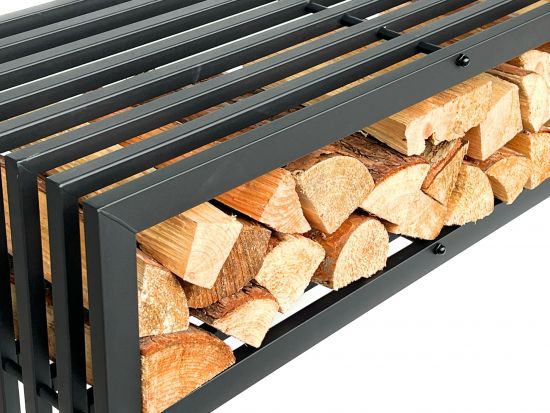 DanDiBo Kaminholzregal Innen mit Sitzbank Metall Schwarz Kaminholzständer mit Bank 96497 Brennholzregal 150 cm Kaminholzhalter