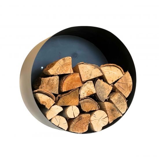 DanDiBo Kaminholzregal Innen Metall Schwarz Rund Wand 50 cm Kaminholzständer mit Rückwand 96433 Wandmontage Hängend Holzkorb Kaminholzhalter Holzregal