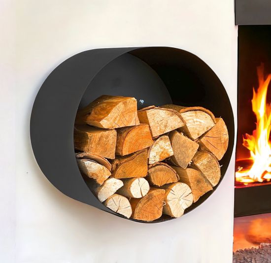 DanDiBo Kaminholzregal Innen Metall Schwarz Rund Wand 50 cm Kaminholzständer mit Rückwand 96433 Wandmontage Hängend Holzkorb Kaminholzhalter Holzregal