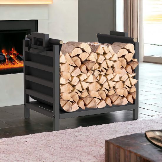 DanDiBo Kaminholzregal Innen Metall Schwarz Stehend mit Tragetasche 45 cm Kaminholzständer 96466 Kaminholzhalter Brennholzregal Feuerholzregal