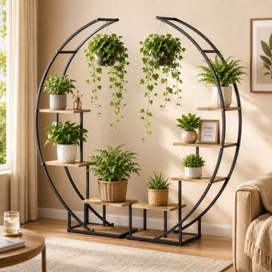DanDiBo Pflanzenregal Indoor Blumenregal 170 cm Hoch Metall Schwarz Halbrund 96700 Blumentreppe Groß Rund Pflanzenständer plant stand