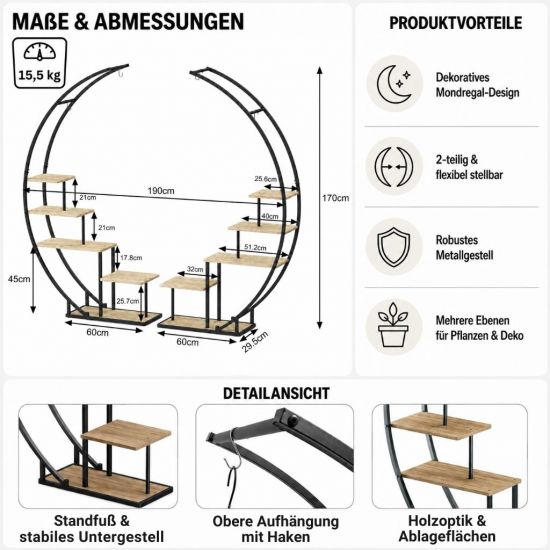 Preview: DanDiBo Pflanzenregal Indoor Blumenregal 170 cm Hoch Metall Schwarz Halbrund 96700 Blumentreppe Groß Rund Pflanzenständer plant stand