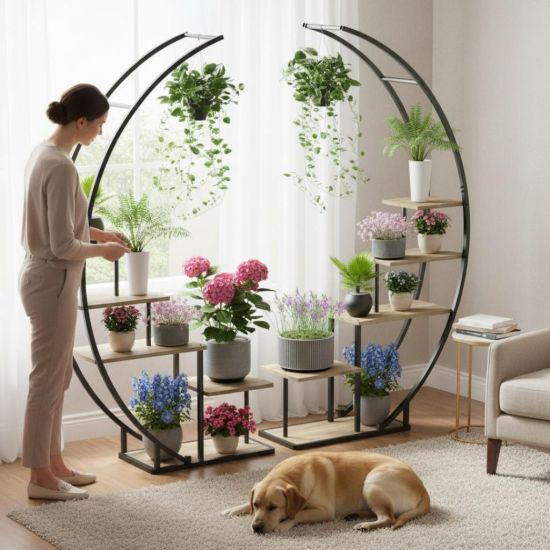 Preview: DanDiBo Pflanzenregal Indoor Blumenregal 170 cm Hoch Metall Schwarz Halbrund 96700 Blumentreppe Groß Rund Pflanzenständer plant stand