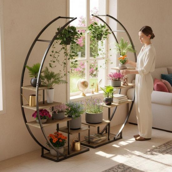 DanDiBo Pflanzenregal Indoor Blumenregal 170 cm Hoch Metall Schwarz Halbrund 96700 Blumentreppe Groß Rund Pflanzenständer plant stand