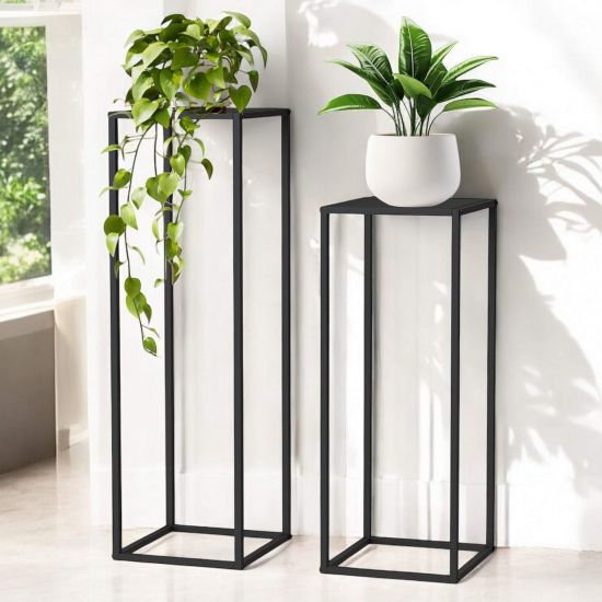 DanDiBo Pflanzenständer 96587 Metall 100 cm und 70 cm Schwarz Eckig 2er Set Beistelltisch Hoch Blumenhocker Blumenständer Modern Design