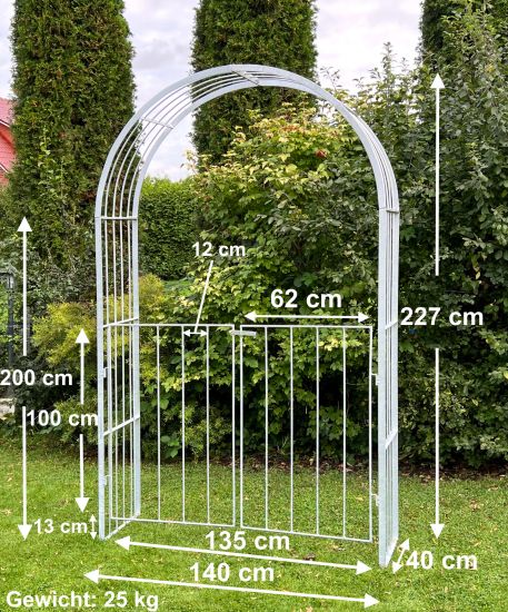DanDiBo Rosenbogen Metall Verzinkt Massiv mit Tor Tür 140 cm Torbogen 96517 Wetterfest Rundbogen Volleisen Rankhilfe Gartenbogen Feuerverzinkt