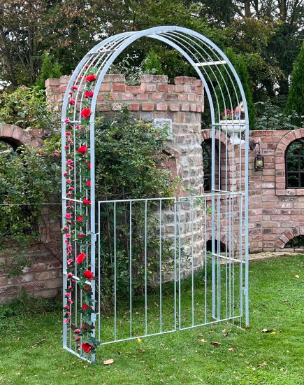 DanDiBo Rosenbogen Metall Verzinkt Massiv mit Tor Tür 140 cm Torbogen 96517 Wetterfest Rundbogen Volleisen Rankhilfe Gartenbogen Feuerverzinkt