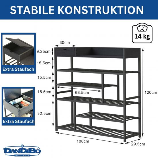 DanDiBo Shoe Rack Space-Saving Metal Black Modern 6 Tiers 100 cm with Shelf Shoe Stand with Storage Shoe Organizer Shoe Storage Shelf Design