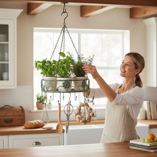 Preview: DanDiBo Topfhänger Deckenregal Hängekorb Grün 96006 60 cm Hängeregal Wurstkrone Korb Küche Regal Küchenkrone Kräuterkrone