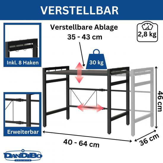 DanDiBo Adjustable Kitchen Shelf for Countertop Black Standing 2-Tier 40-64 cm Kitchen Shelf 96613 Standing Shelf