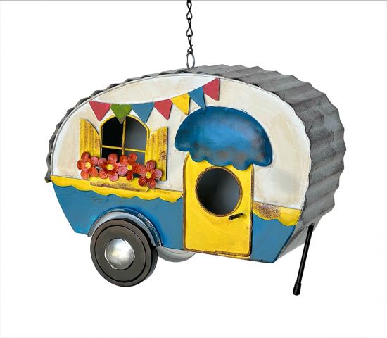 DanDiBo Vogelhaus zum Aufhängen Metall Deko Wohnwagen Wetterfest 96254 Nistkasten Futterstation für Vögel Shabby mit Kette Caravan Camper Balkon