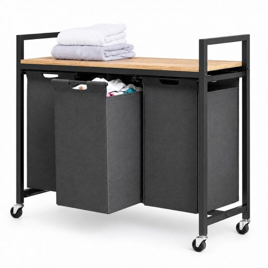 DanDiBo Wäschekorb mit Rollen und Ablage Wäscheregal Wäschesammler 3 Fächer 96697 Wäschebox Regal Wäschetonne Wäschesortierer Wäschetrenner