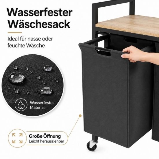 Preview: DanDiBo Wäschekorb mit Rollen und Ablage Wäscheregal Wäschesammler 3 Fächer 96697 Wäschebox Regal Wäschetonne Wäschesortierer Wäschetrenner