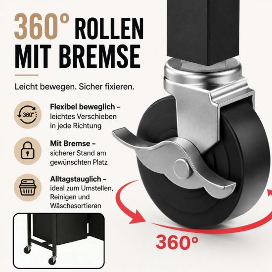 Preview: DanDiBo Wäschekorb mit Rollen und Ablage Wäscheregal Wäschesammler 3 Fächer 96697 Wäschebox Regal Wäschetonne Wäschesortierer Wäschetrenner