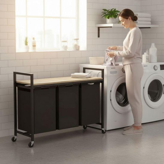 DanDiBo Wäschekorb mit Rollen und Ablage Wäscheregal Wäschesammler 3 Fächer 96697 Wäschebox Regal Wäschetonne Wäschesortierer Wäschetrenner