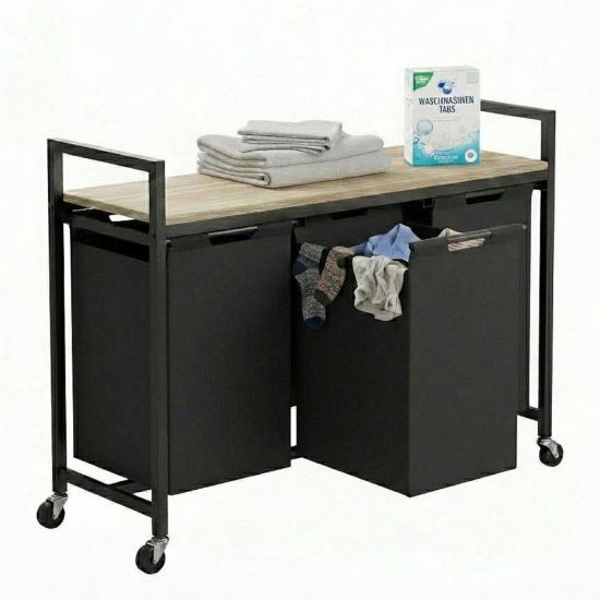 DanDiBo Wäschekorb mit Rollen und Ablage Wäscheregal Wäschesammler 3 Fächer 96697 Wäschebox Regal Wäschetonne Wäschesortierer Wäschetrenner
