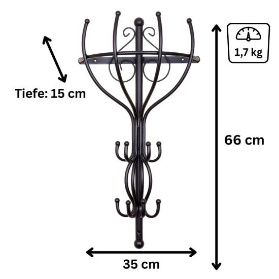 Preview: DanDiBo Wandgaderobe Halbrund Wand Metall Schwarz Vienno 66cm Gaderobe Kleiderhaken Gaderobenhaken Hakenleiste Flurgaderobe Haken