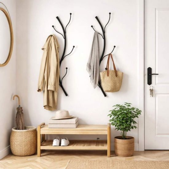 Preview: DanDiBo Wandgarderobe Schwarz Metall 2er Set Flora Garderobe Wand 93861 Garderobenhaken Flurgarderobe Kleiderhaken Hakenleiste