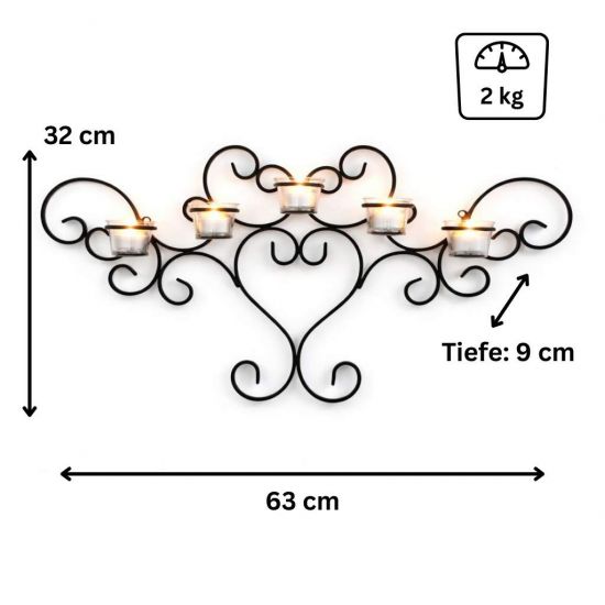 Preview: DanDiBo Wandteelichthalter Metall Schwarz Teelichthalter Wand Wandkerzenhalter 63 cm Palace Kerzenhalter Teelicht