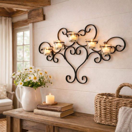 Preview: DanDiBo Wandteelichthalter Metall Schwarz Teelichthalter Wand Wandkerzenhalter 63 cm Palace Kerzenhalter Teelicht