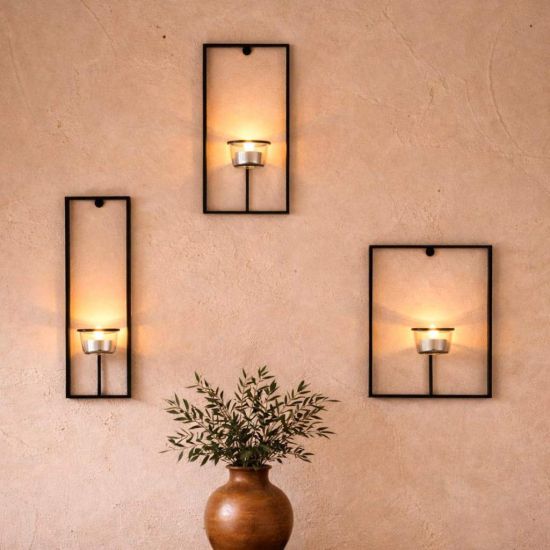 DanDiBo Wall Tealight Holder Metal Black Carre Set of 3 Wall Candle Holder Tealight Holder Wall Mounted Candle Holder